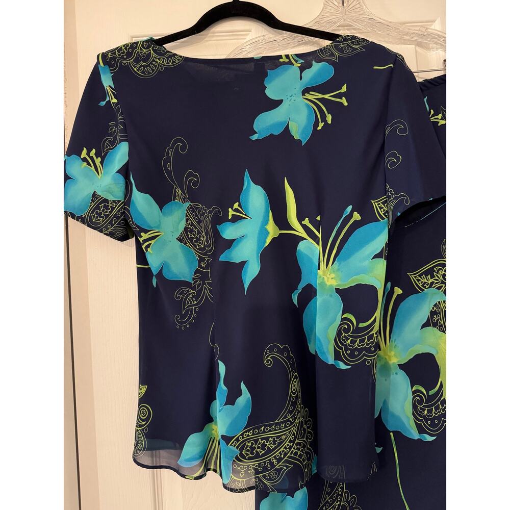 Studio I 2-Piece Chiffon Skirt Set Navy Blue Turquoise Floral Cowl Neck Midi 12 - Picture 4 of 10